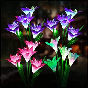 Dolucky Outdoor Solar Lights Garden Decorative, 4 Pack Solar Garden Lights with 16 Bigger Lily Solar Flowers, Multicolor Changing LED Solar Garden Lights for Patio Lawn Garden Yard Decoration