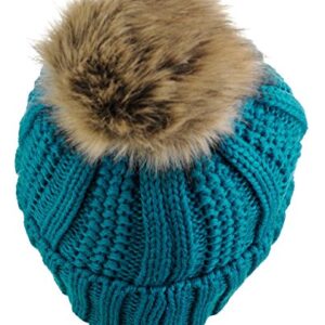 C.C Thick Cable Knit Faux Fuzzy Fur Pom Fleece Lined Skull Cap Cuff Beanie, Teal - Image 2