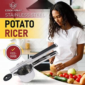 Cook Army Potato Ricer Stainless Steel Professional – 15 Oz Ricer Kitchen Tool With 3 Interchangeable Discs & Non Slip Handle – Mashed Potatoes Ricer & 3 in 1 Veggie Potato Peeler Knife Gadget - Image 2