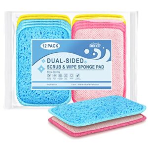 12 Pack Scrub & Wipe Cloths,Dual Sided Sponges Kitchen,All Purpose Cloth for Dishes, Pots, Pans, Non-Stick Cookware,Countertop(Red,Yellow,Blue)