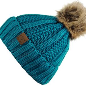 C.C Thick Cable Knit Faux Fuzzy Fur Pom Fleece Lined Skull Cap Cuff Beanie, Teal - Image 4