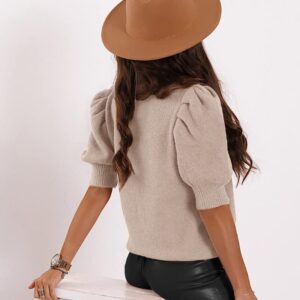 Women's Puff Short Sleeve Sweater Tops 2023 Spring Summer Trendy Crew/Square/V Neck Casual T Shirts Blouses A-Beige - Image 6