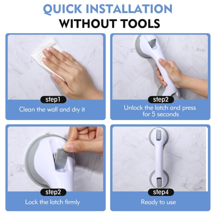 Shower Handle 12 inch Grab Bars for Bathtubs and Showers, Strong Hold Suction Cup Handle, Safety Bars for Shower Chair Bench, Bathroom Grab Bar for Seniors, Elderly, Handicap (2 Pack) - Image 6