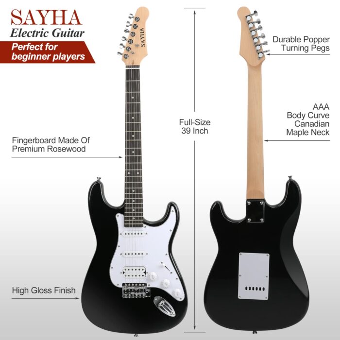 SAYHA Electric Guitar, 39 Inch Solid Full-size Electric Guitar HSS Pickups Starter Kit Includes Amplifier, Bag, Digital Tuner, Strap, String, Cable, Picks（Black） - Image 5