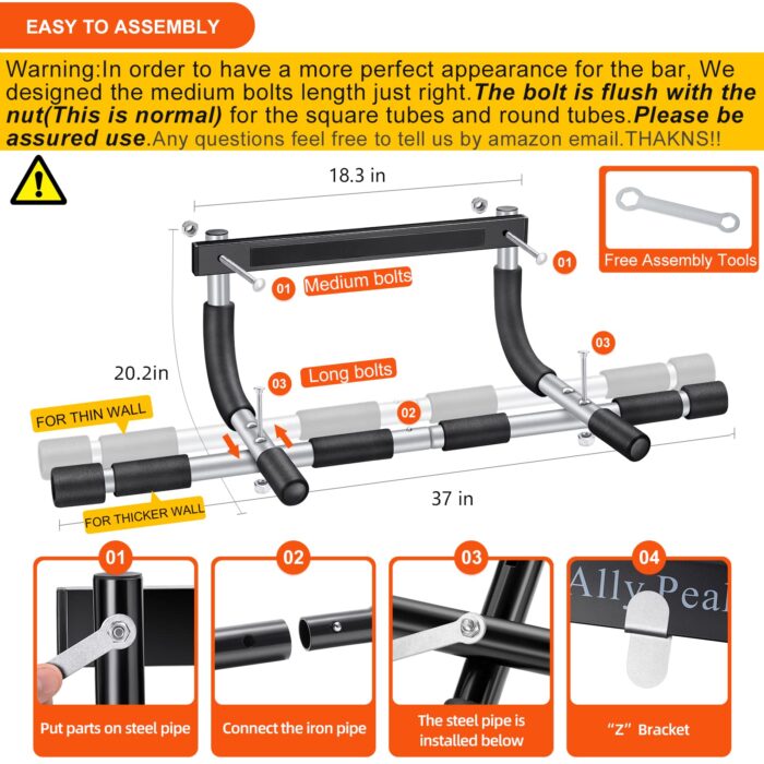 ALLY PEAKS Pull Up Bar Thickened Steel Pipe Super Heavy Duty Steel Frame Upper Workout Bar| Multi-Grip Strength for Doorway | Indoor Chin-Up Bar Fitness Trainer for Home Gym Portable (silver2) - Image 3