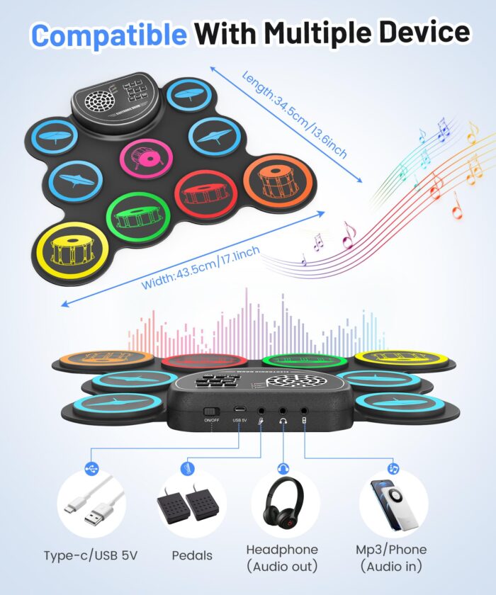 Sboet Electronic Drum Set, 9-Drum Practice Pad with Headphone Jack, Roll-up Drum Kit Machine with Built-in Speaker Drum Pedals and Sticks 10 Hours Playtime, Great Christmas Holiday Gifts for Kids - Image 6